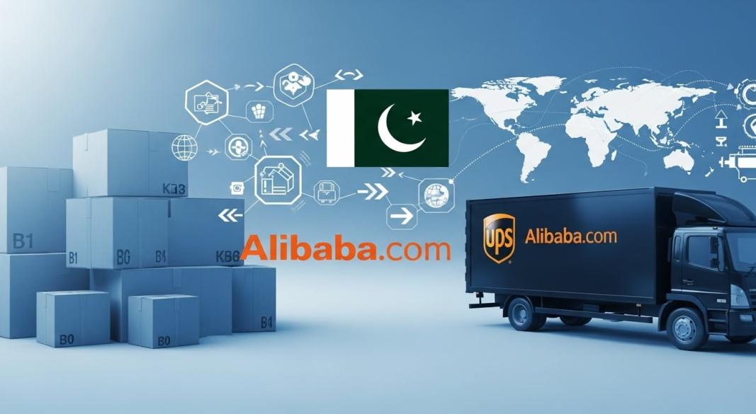 Alibaba and UPS logistics partnership concept with parcels and global shipping icons