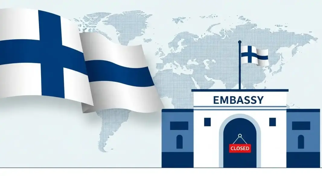 Finland flag beside a closed embassy building icon