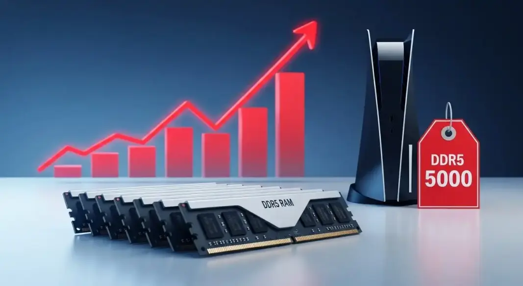 DDR5 RAM modules next to a price chart showing sharp global price increase