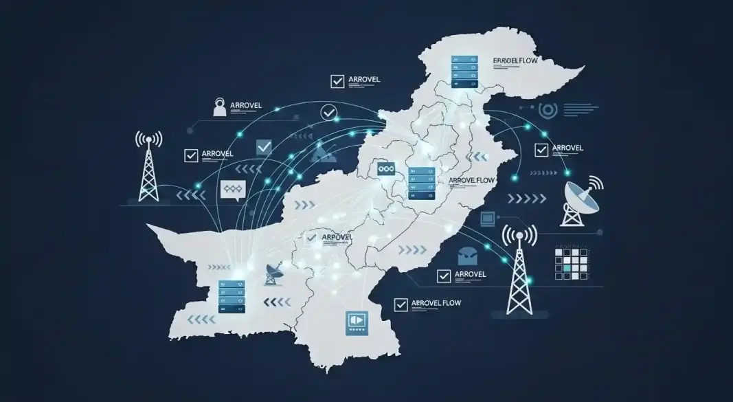 Digital infrastructure illustration showing fibre network and Pakistan map