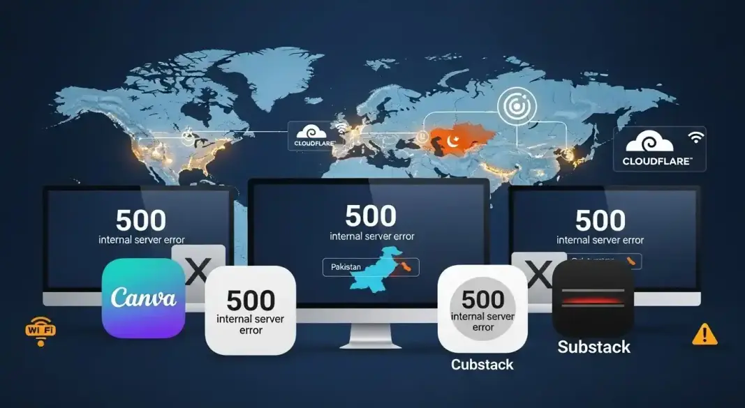 Cloudflare internet outage showing offline icons for X, Canva and Substack on a world map