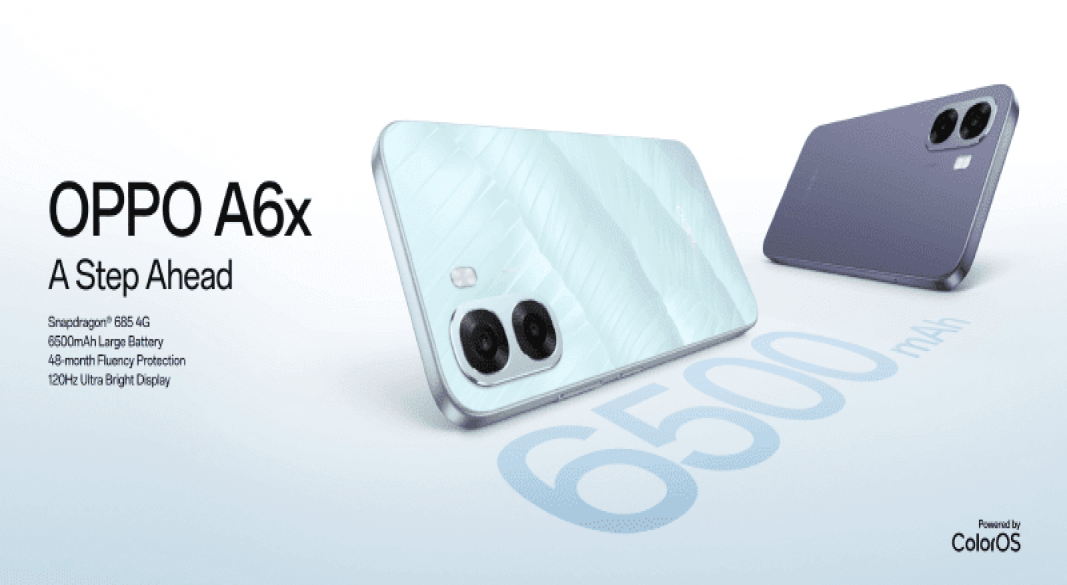 OPPO A6x 4G and 5G phones showing rear cameras and large display in multiple colours