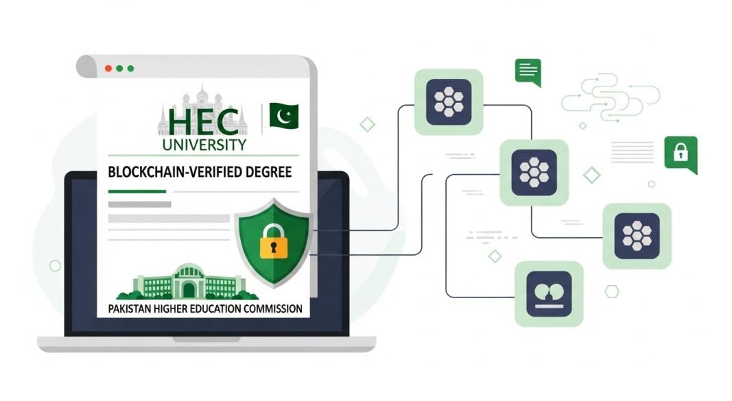 Digital illustration of HEC blockchain-based degree attestation system in Pakistan