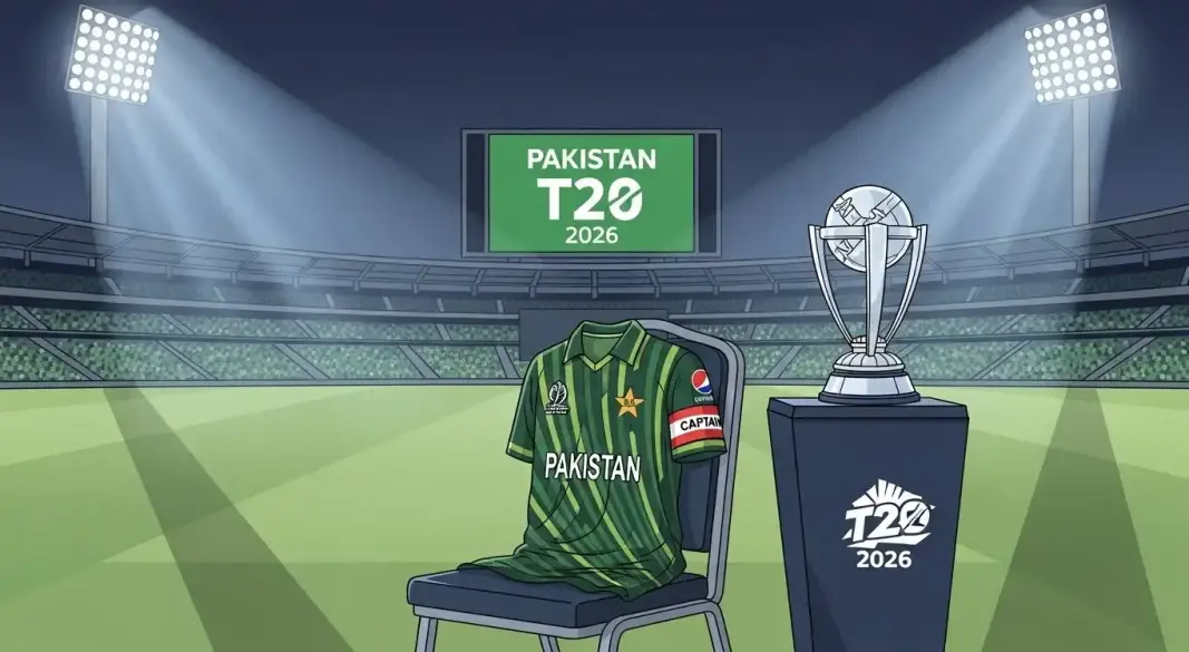 Cricket stadium with Pakistan T20 jersey and World Cup trophy illustration