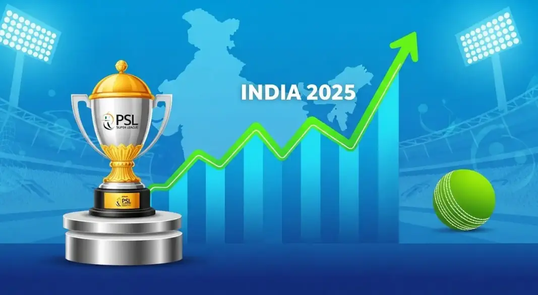 Illustration of PSL trophy with rising search trend graph and India map