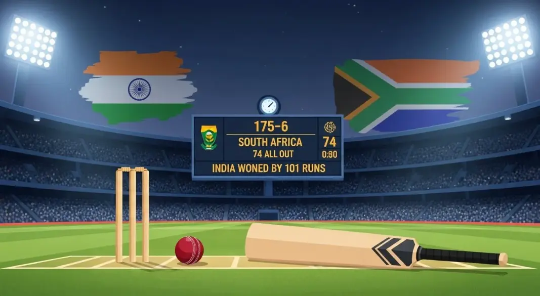 Scoreboard and cricket stadium graphic showing India’s 101-run win over South Africa in first T20 in Cuttack