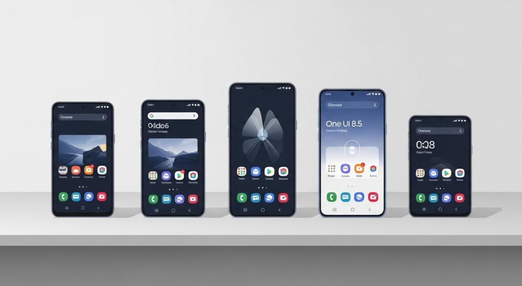 Samsung Galaxy phones showing One UI 8.5 home screen, settings and sharing features on a clean background
