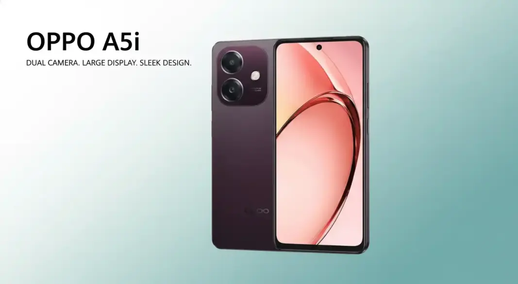 Oppo A5i smartphone showcasing design and dual camera setup