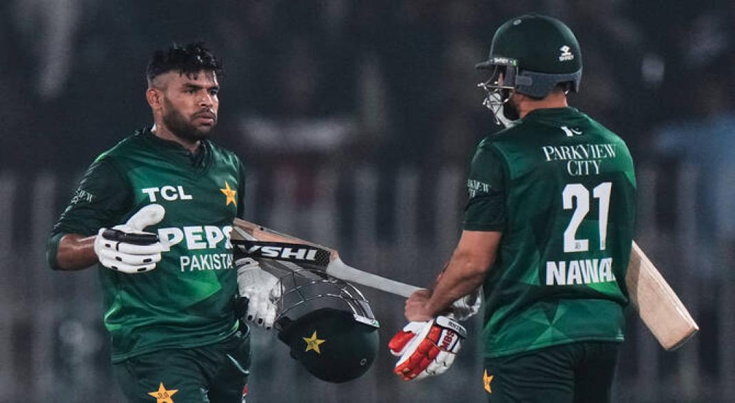 Pakistan’s Mohammad Nawaz celebrates after leading a T20 win over Zimbabwe in Rawalpindi.