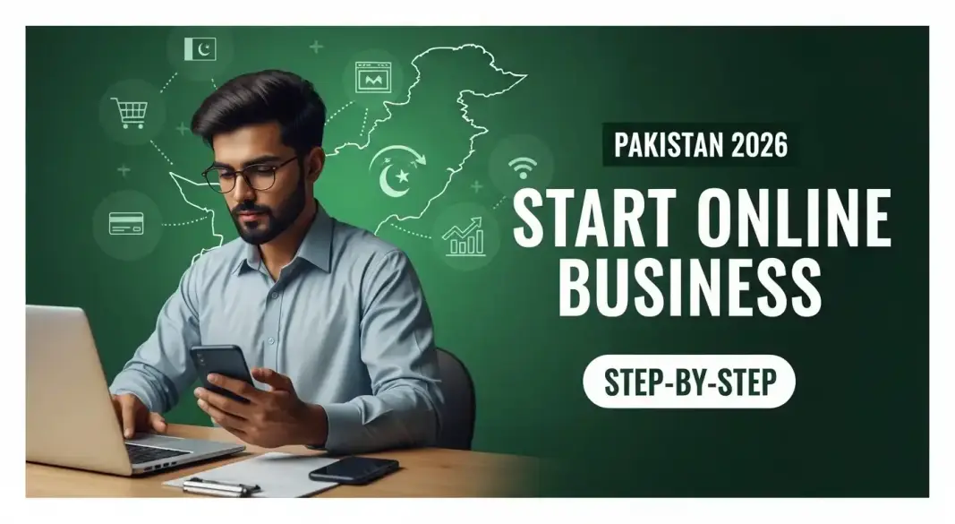Young Pakistani entrepreneur launching an online business with laptop, e-commerce and social media icons, growth concept