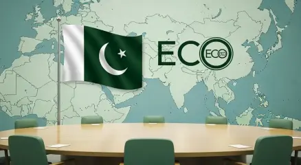 Pakistan flag with ECO emblem and regional map background