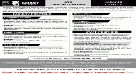 SZABIST University Faculty and Staff Recruitment Advertisement