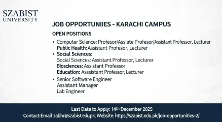 SZABIST University job advertisement poster for faculty and staff positions
