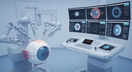 Robotic cataract surgery system operating on an eye in a high-tech theatre