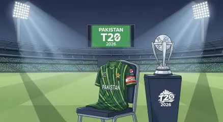 Cricket stadium with Pakistan T20 jersey and World Cup trophy illustration