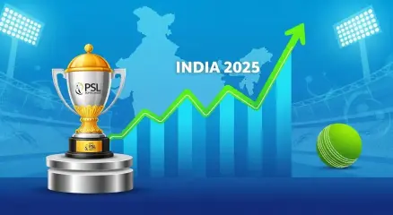 Illustration of PSL trophy with rising search trend graph and India map