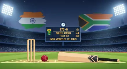 Scoreboard and cricket stadium graphic showing India’s 101-run win over South Africa in first T20 in Cuttack