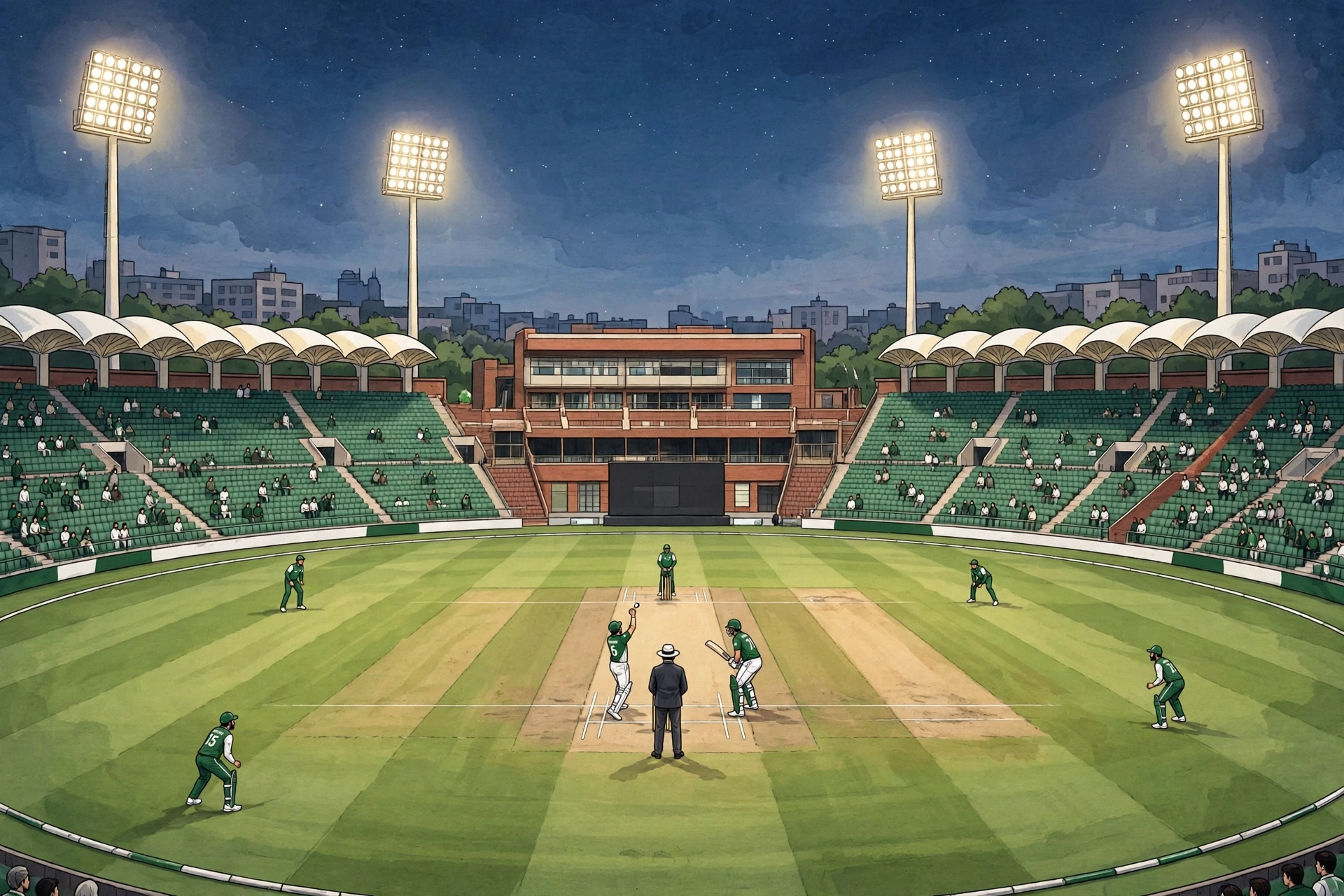 media-generation-pakistan-squad-change-lahore-0-10c3f142-762d-48f9-82e8-42d8d01a1753 A generic illustration of a cricket stadium in Pakistan with players on the field under floodlights.