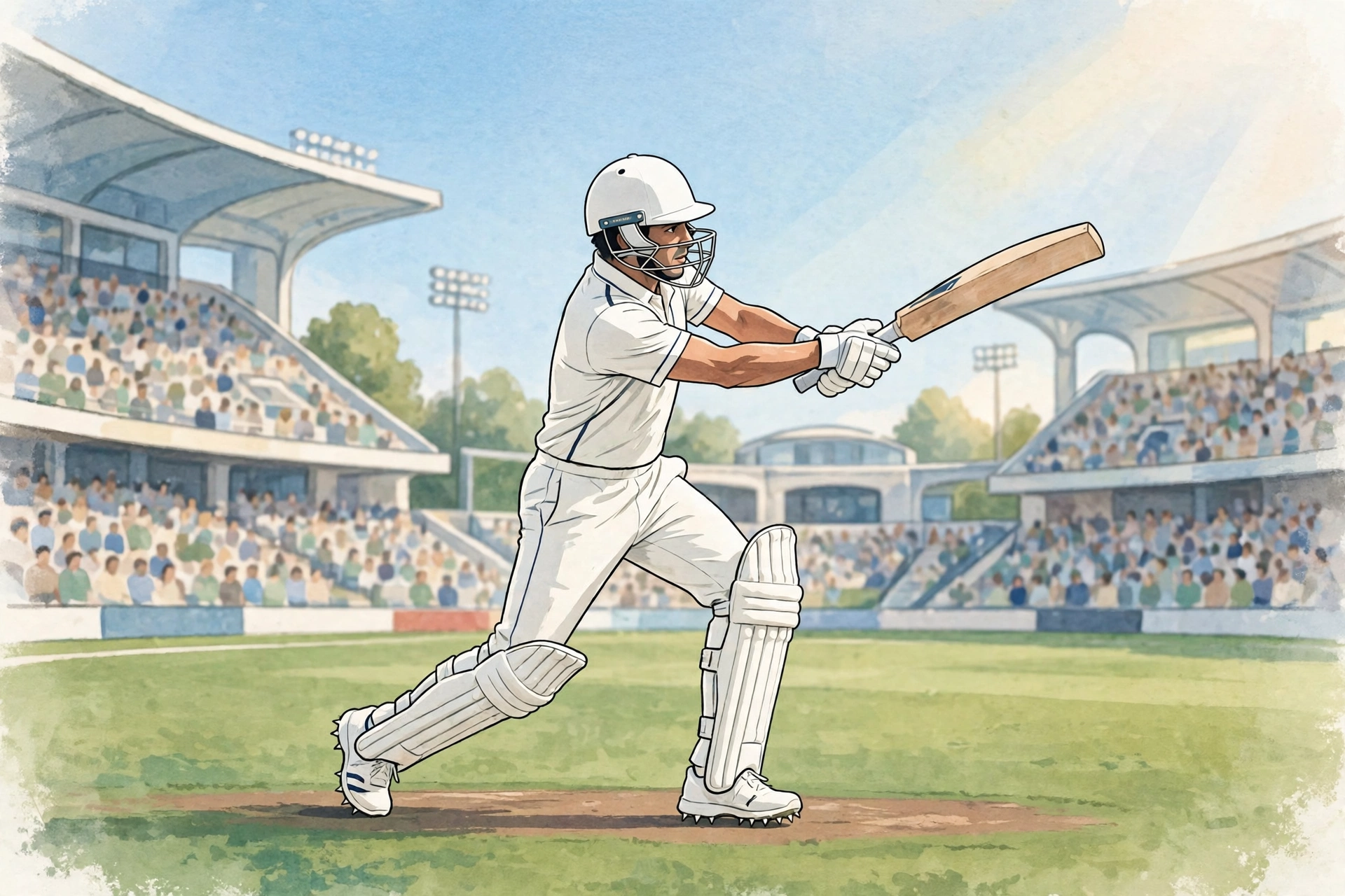 media-generation-pakistan-sri-lanka-test-squad-0-5c1c7817-4337-4af8-81b4-1e8f86c1b8eb Illustration of a cricket batsman in white Test kit playing a shot at a stadium