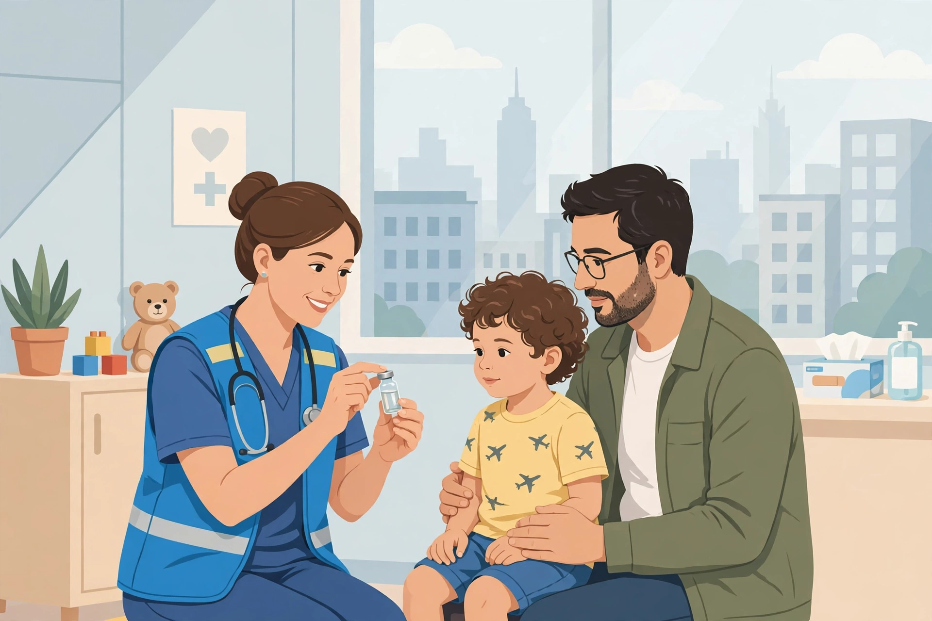 media-generation-polio-vaccination-drive-illust-0-e3162dc8-9e6f-4083-a3e2-051ceb652568 Illustration of a health worker showing a vaccine vial to a child and parent in a clinic