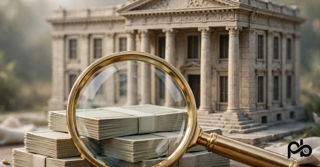3D illustration of a bank building with a magnifying glass over banknotes