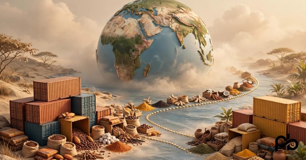 3D illustration of shipping containers, a globe and trade goods on a route between Africa and South Asia