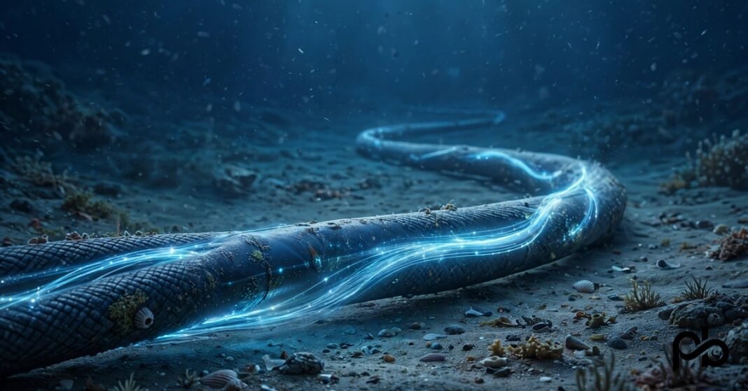 3D illustration of an undersea internet cable on the ocean floor with glowing data streams