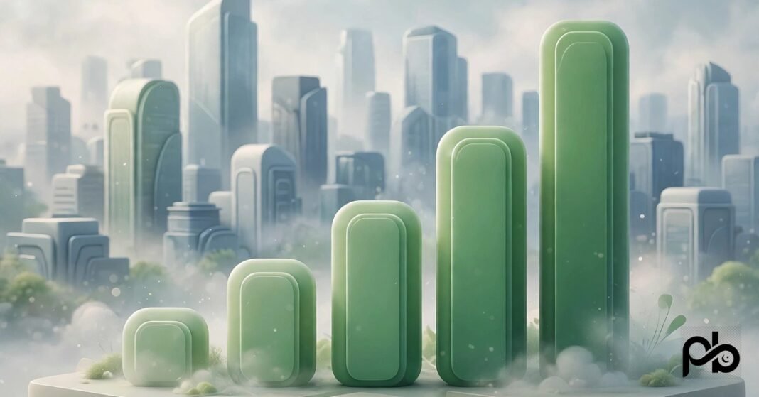3D illustration of rising stock market bars over a city skyline