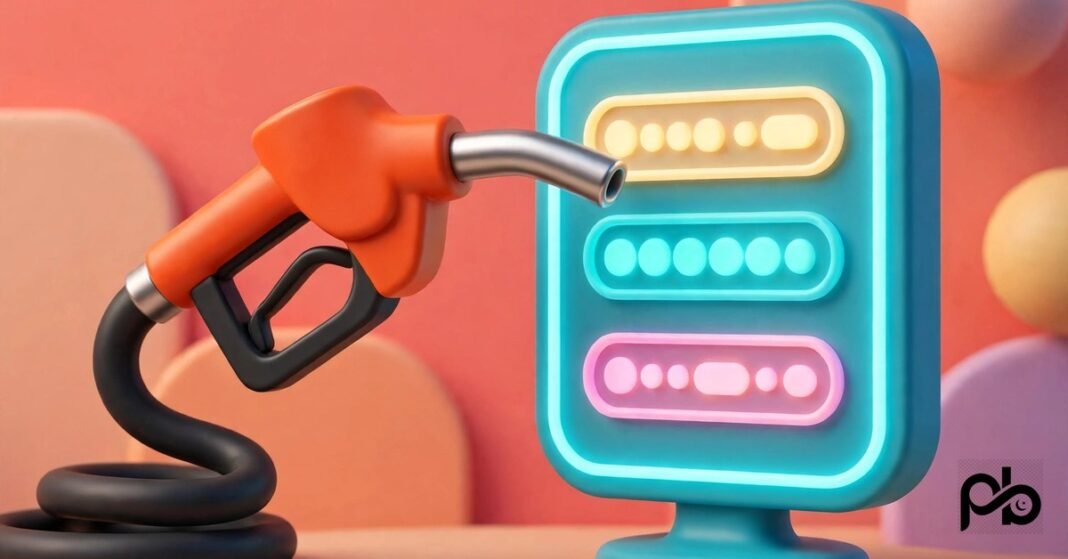 3D illustration of a fuel pump nozzle beside a glowing price board