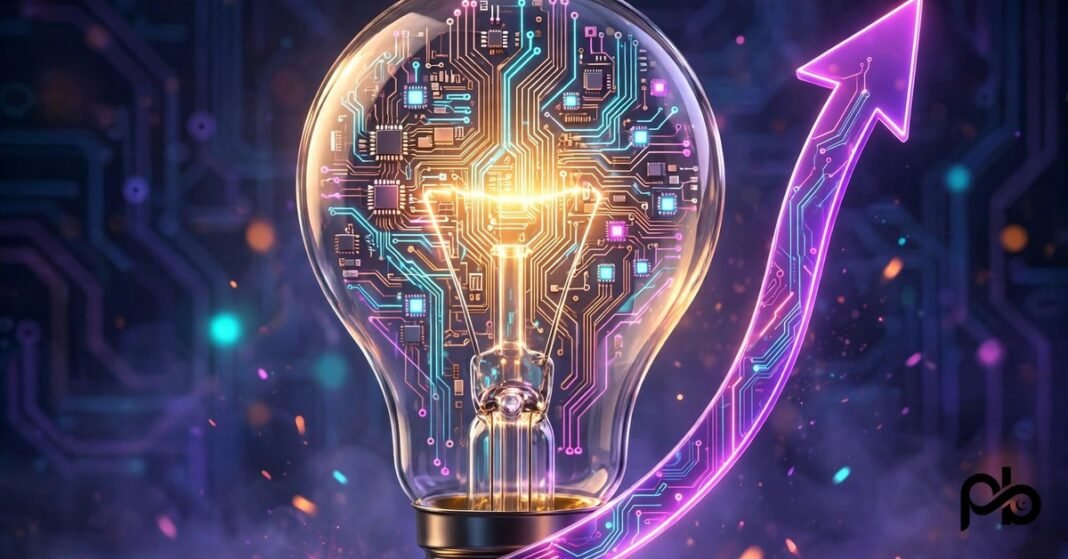 3D illustration of a glowing lightbulb with circuit patterns and a rising arrow
