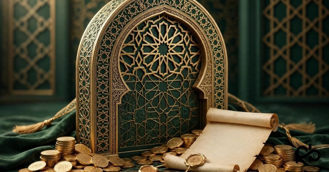 3D illustration of an Islamic geometric arch with gold coins and a contract document