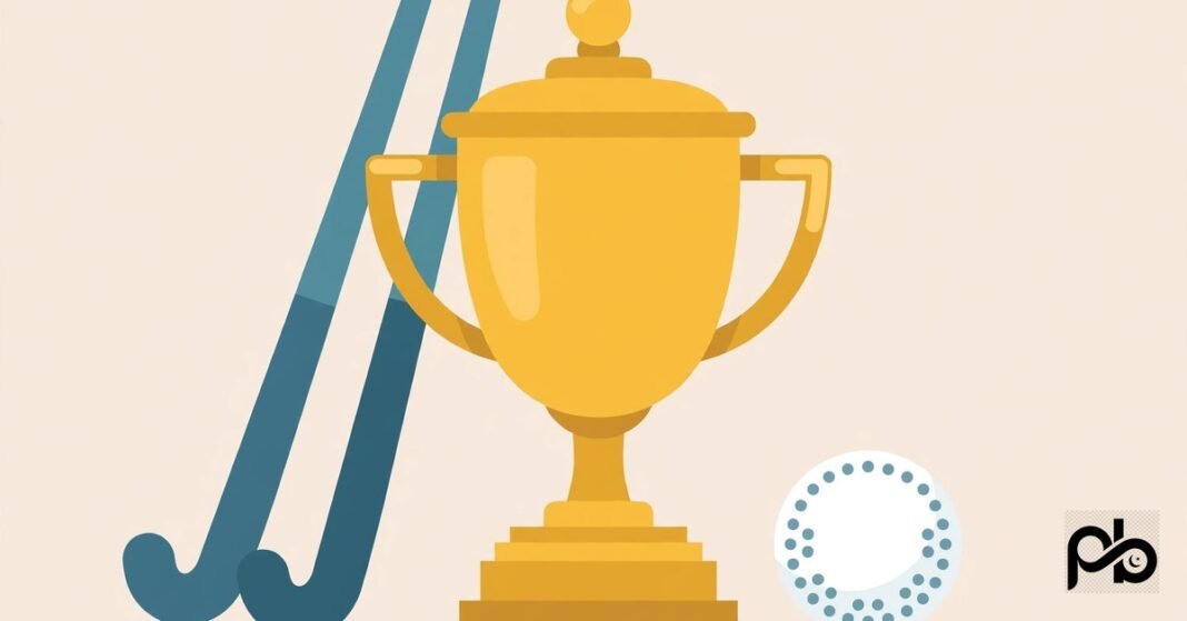 Golden trophy with field hockey sticks and ball