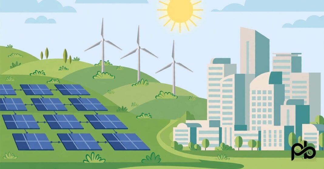 Solar panels, wind turbines and a city skyline illustrating green investment in Pakistan