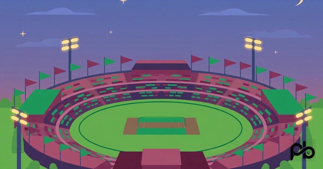 Flat vector illustration of a cricket stadium with floodlights and flags under an evening sky