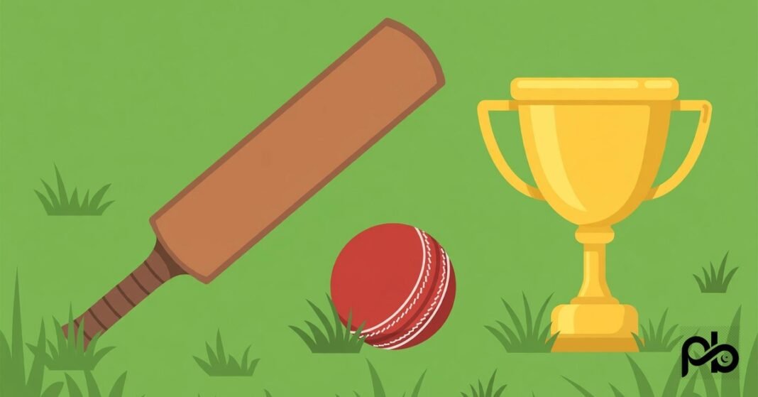 Flat vector illustration of a cricket bat, ball and gold trophy on a green field