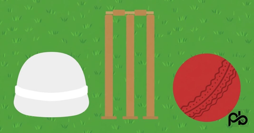 Flat vector illustration of a cricket ball, stumps and an umpire's cap on a pitch