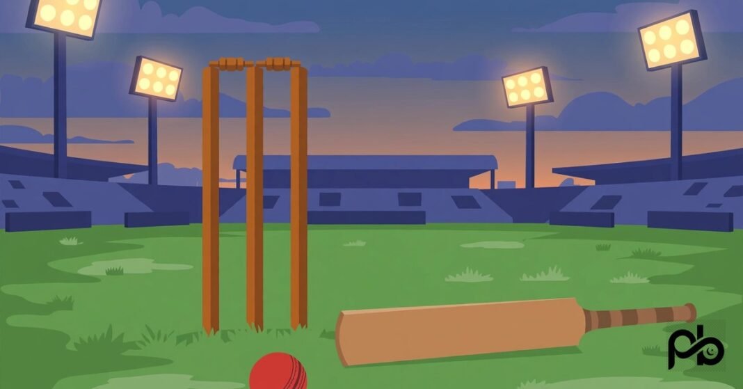 Flat vector illustration of cricket stumps, a ball and a bat on a pitch under stadium floodlights