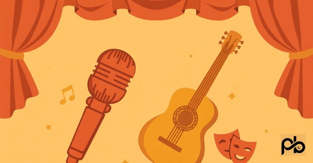Flat vector illustration of a microphone, a guitar and a theatre stage curtain