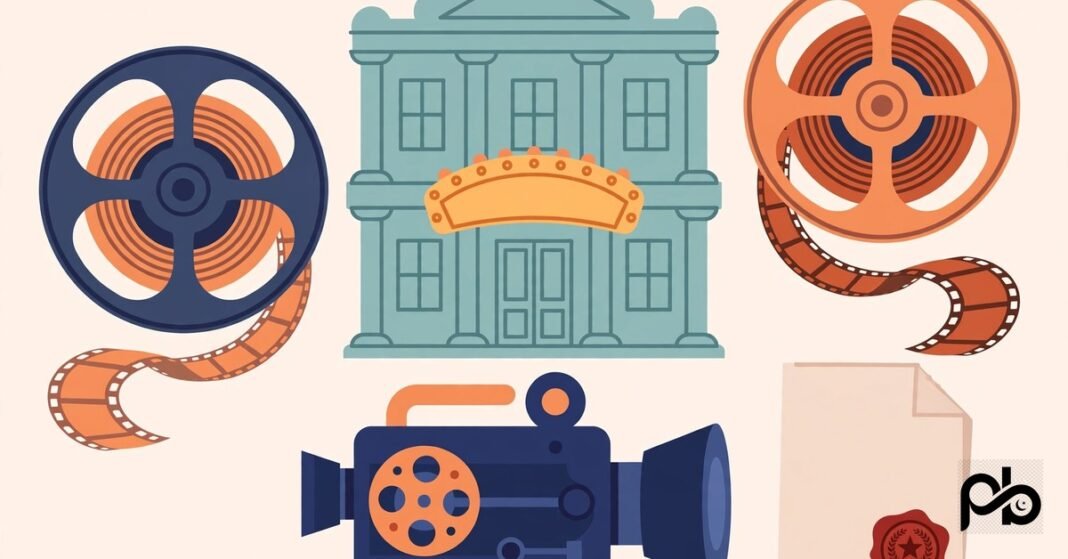 Flat vector illustration of a cinema building with film reels, a movie camera and a document