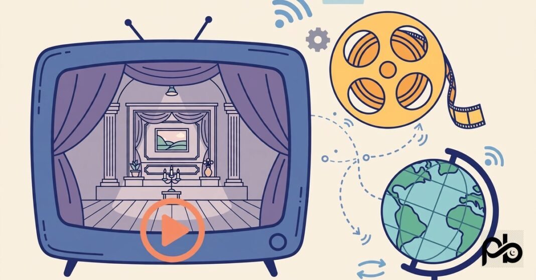 Flat vector illustration of a television screen with a play button, a film reel and a globe