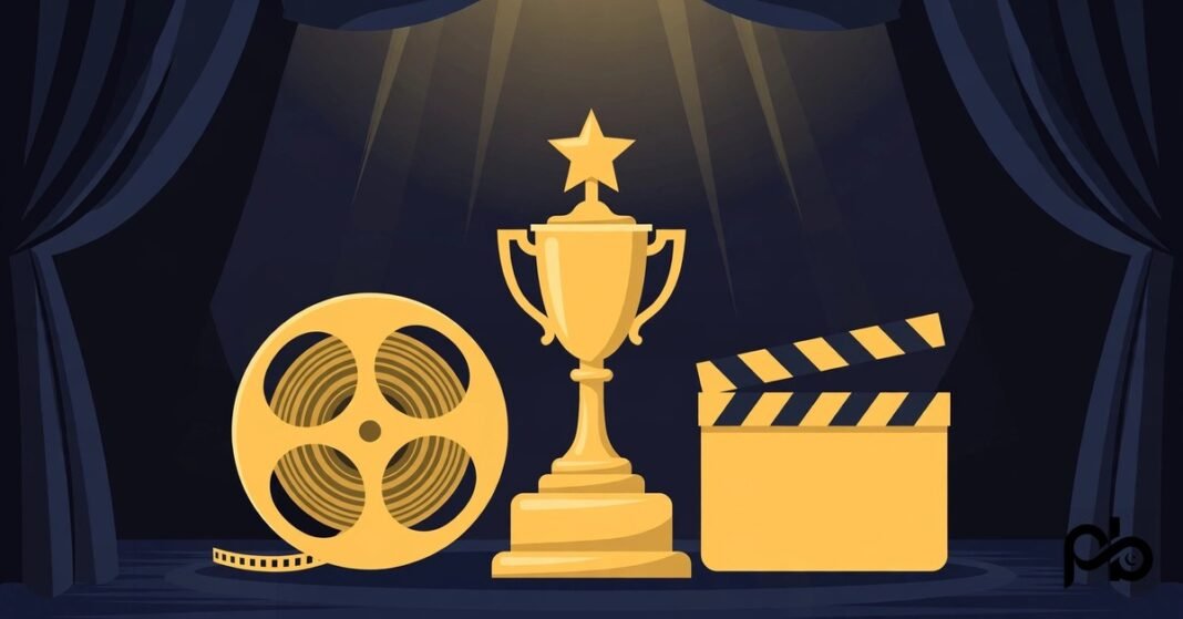 Flat vector illustration of a gold film trophy beside a film reel and a clapperboard