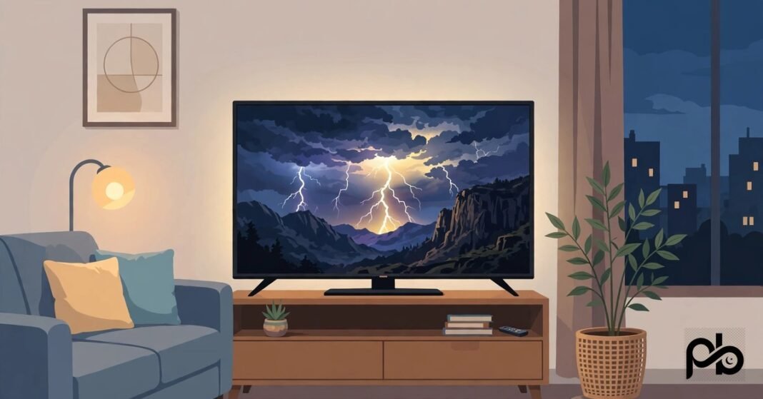 Flat vector illustration of a television screen in a living room with a drama glow
