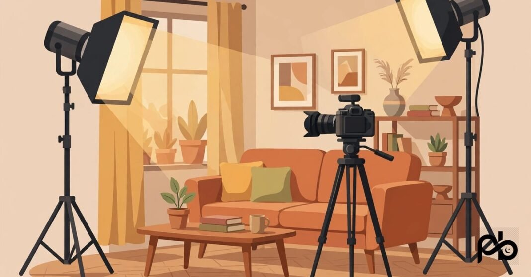 Flat vector illustration of a television drama set with a sofa, studio lights and a camera