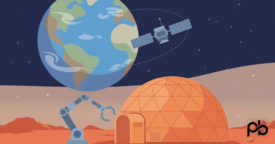 Satellite orbiting Earth above a Mars habitat dome illustrating space engineering