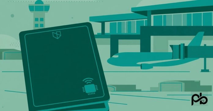Illustration of a modern electronic passport with a chip symbol