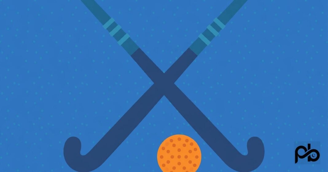 Field hockey sticks and ball on a blue turf