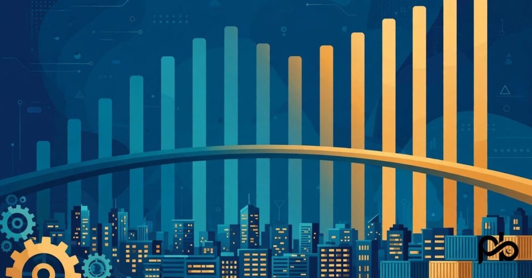 Illustration of a bridge over rising charts symbolising investment growth in Pakistan
